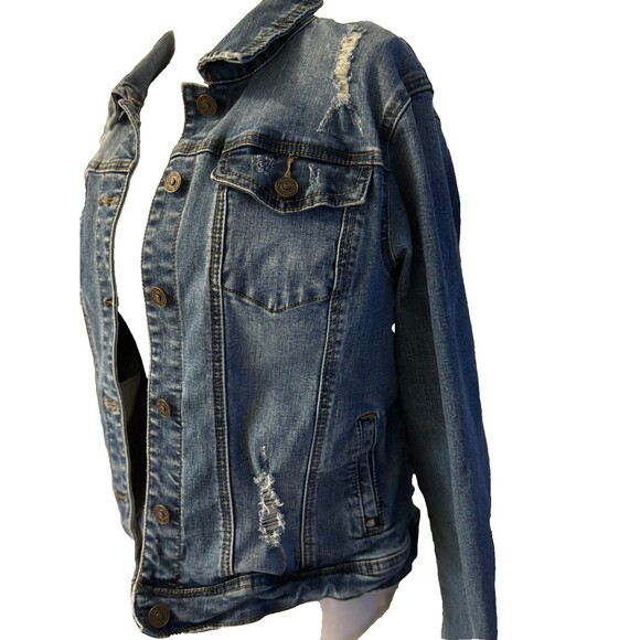 Ensean Womens 1X stretch Denim jacket, distressed/destroyed, pre-loved - Picture 1 of 9